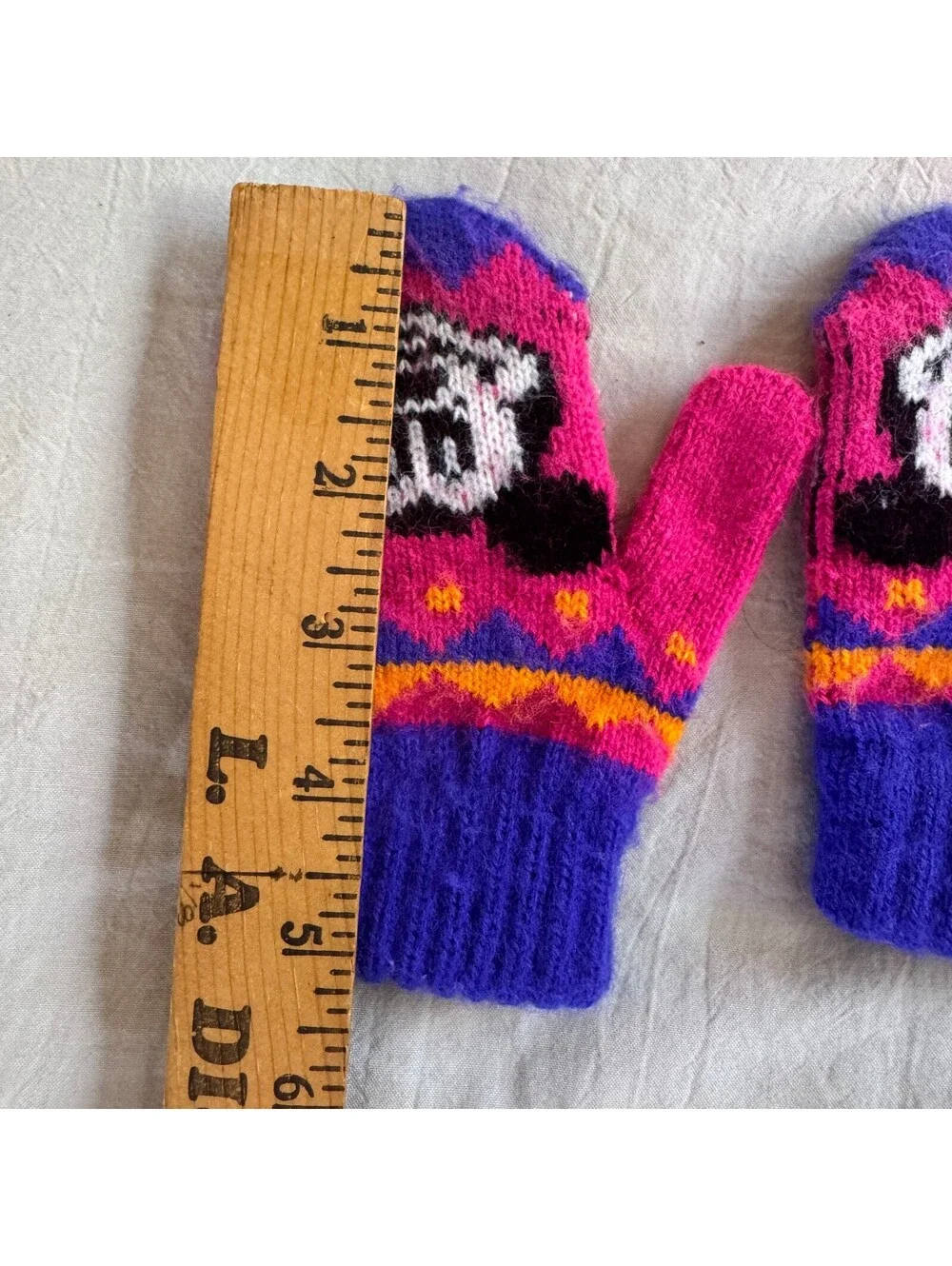 Vintage Knit Mittens Pink Purple Mickey Mouse Pattern Small